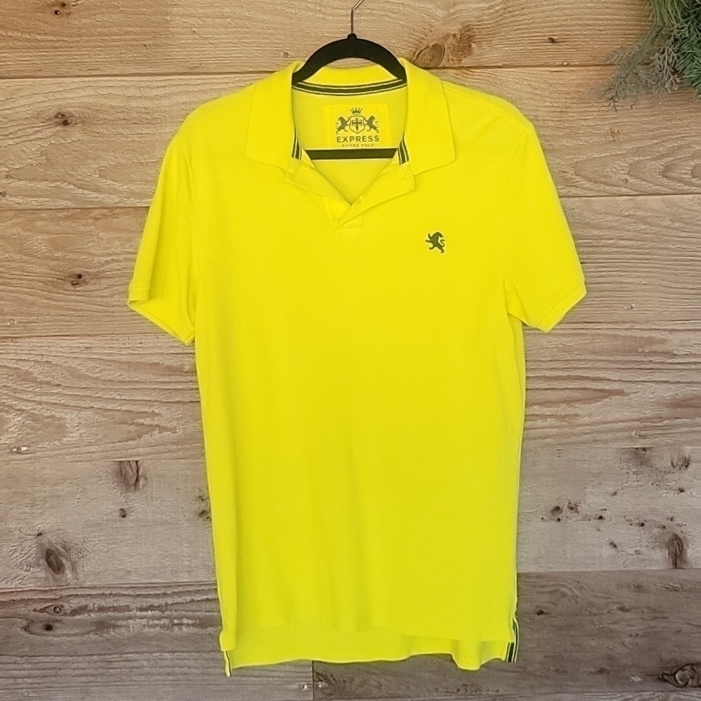 Express Men Yellow Fitted Pique Polo with Navy Blue Logo Size Medium